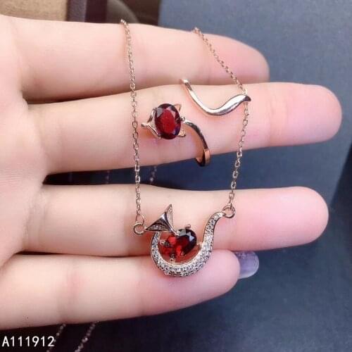 KJJEAXCMY fine jewelry natural garnet 925 sterling silver women pendant necklace chain ring set support test beautiful