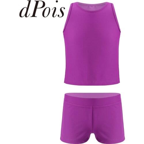 2Pcs Kids Girls Suits Sleeveless Racerback Tank Top + Shorts Solid Color Childrens Sets For Ballet Gymnastics Workout Dance Wear
