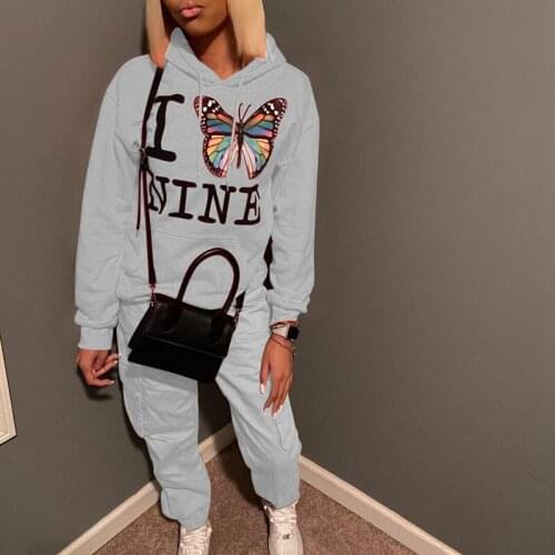 TNNAOFF Butterfly Print Two Piece Tracksuits Women Set Long Sleeve Hoodies Fashion Joggers Sweatpants Lounge Wear Matching Sets