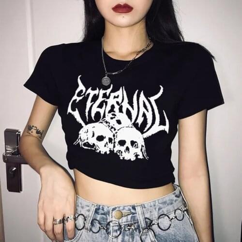 Sexy Punk Goth Crop Tops Women Mujer Summer Black Skull Print Harajuku Grunge Y2K O-Neck Slim Vintage 90s INS Streetwear T-Shirt