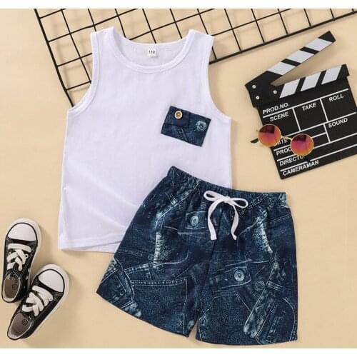 Summer Toddler Baby Boy Clothes Set Holiday Cotton Outfits Splicing Sleeveless Tank Tops + Fashion Casual Lace Up Shorts Suit