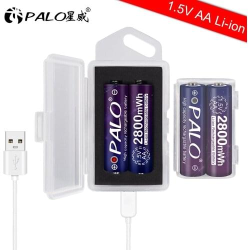 PALO 1.5V 2800mWh AA lithium battery 1.5V AA rechargeable li-ion battery+2 slots battery charger case usb charger