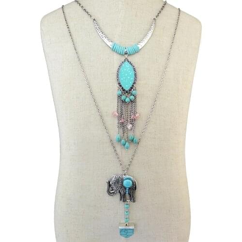 Multilayers Tibetan Chain Elephant Pendants Necklaces Bohemian Gypsy Ethnic Blue Stone Long Tassel Necklaces For Women
