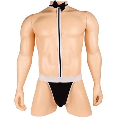 Sexy Men Sissy Pouch Singlet Bodysuit Mankini Thong Underwear Necktie G-String Waiter Fetish Cosplay Macho Play Costume
