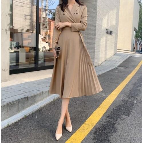 LLZACOOSH New Arrival 2020 Women Autumn Dress 3 Colors High Waist Long Sleeve Casual Elegant Pleated Long Dresses Vestidos