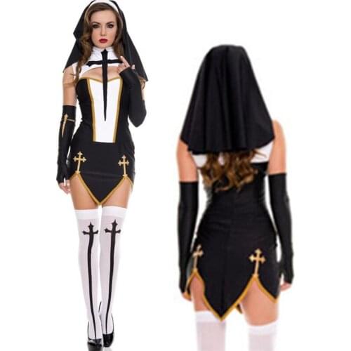 New High quality Sexy Nun Costume Adult Women Cosplay Dress With Black Hood For Halloween Sister Cosplay Party Costume