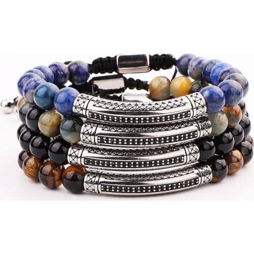 New Men Bracelet Natural Stone Beads Stainless Steel Tube Friendship Macrame Bracelet Men Jewelry Gift