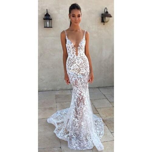 Verngo High Quality Lace Applique Mermaid Wedding Dress Straps Nude Lining Sweep Train Bridal Gowns Custom Made Vestido de noiva