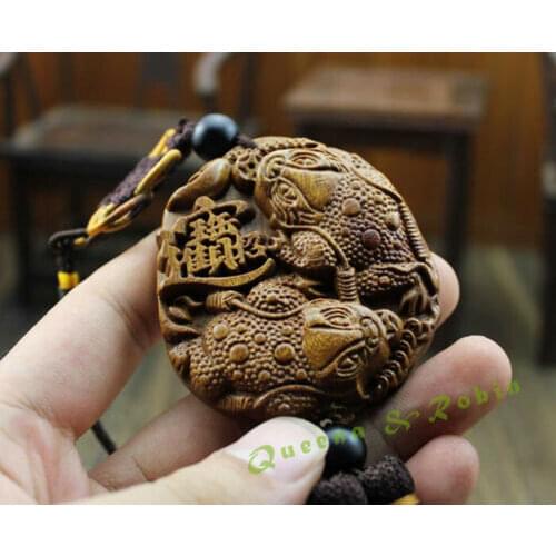 Wood Carving Chinese Feng Shui Wealth Coin Gold Frog Car Pendant Amulet Craft