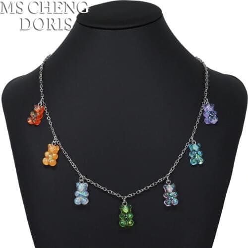 Dropship Multicolor Transparent Bear Necklace Cute Candy Color Resin Gummy Bear Pendant Necklace Women&Girl Daily Jewelry Party