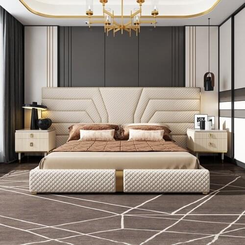 Luxury modern european High heardboard bed genuine leather golden bed bedroom furniture king size bed