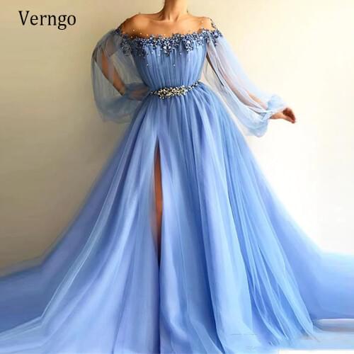 Verngo Blue Off The Shoulder Evening Dresses Puff Long Sleeves Appliques Beaded Tulle Split Side Prom Gowns