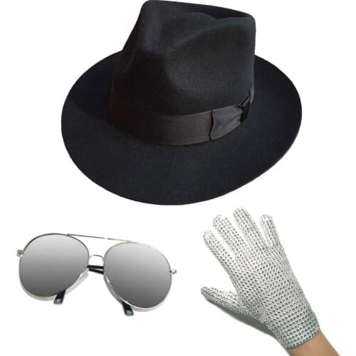 MJ Michael Jackson Fedora Hat with Glove and Frog Silver Drive Mirror Sunglasses Party Performance Collection