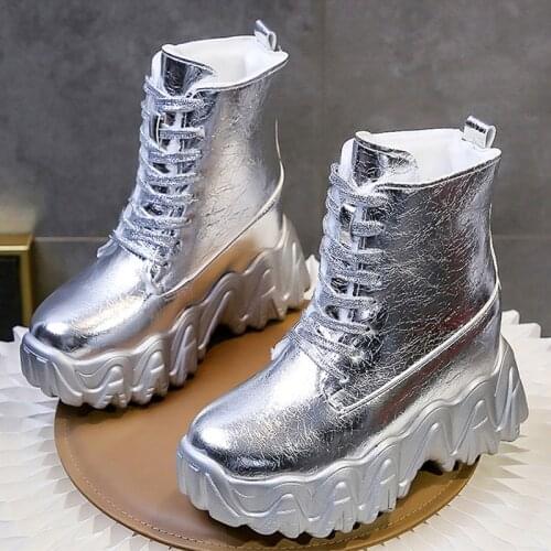 Winter Plus Velvet Warm Cotton Shoes Thick-Soled Inner Heightening Retro Sports High-Top Shoes Patent Leather Snow Boots Women