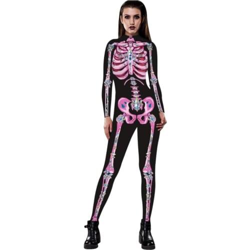 Fashon Crystal Skeleton Costume Jumpsuit 3D Print Scary Halloween Costumes For Women Mechanical Skull Bodysuit