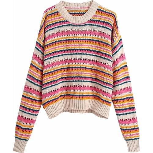 Za New Women Spring Autumn Long Sleeve Ladies Sweater Color Stripe Stitching O Neck Cardigans Soft Handfeel Knit Chic Tops