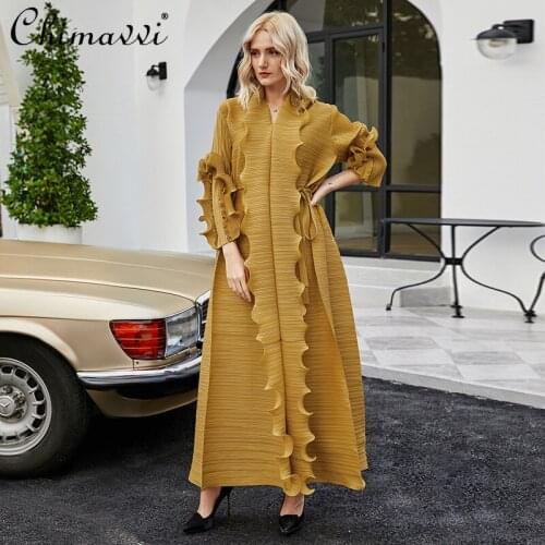 Womens Long Sleeve Ruffled Pleated Dress 2021 Spring and Summer Ruched Casual Elegant Dress Female Korean High Fashion Dress