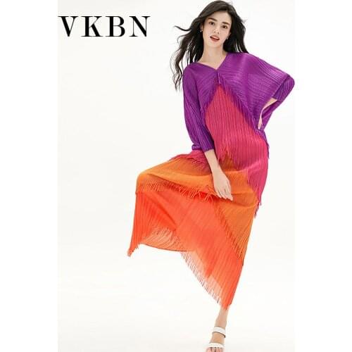 VKBN Pleated Dress Tassel Casual 2021 Patchwork Batwing Sleeve V-Neck LOOSE Three Quarter Dresses for Women