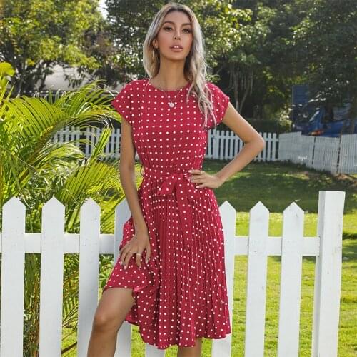 2021 Summer Beach Woman Dress Fashion Print Polka Dot Casual Pleated Midi Dresses For Women Vacation Elegant Ladies Sundress