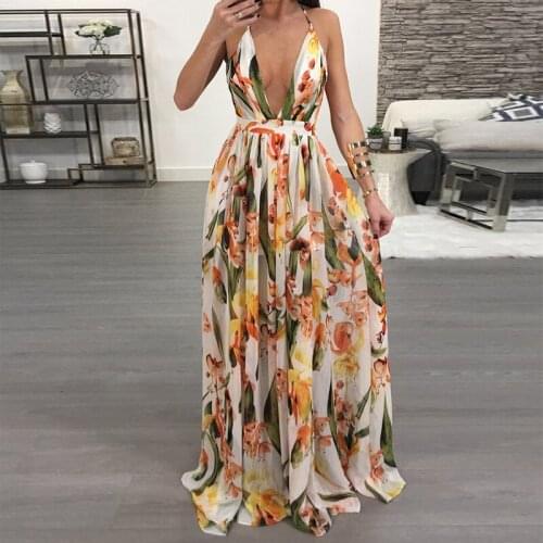 2021 Dresses Women Summer Sexy Style Print Party Dress Deep V Neck Backless Chiffon Long Dress Beach Travel Long Skirt
