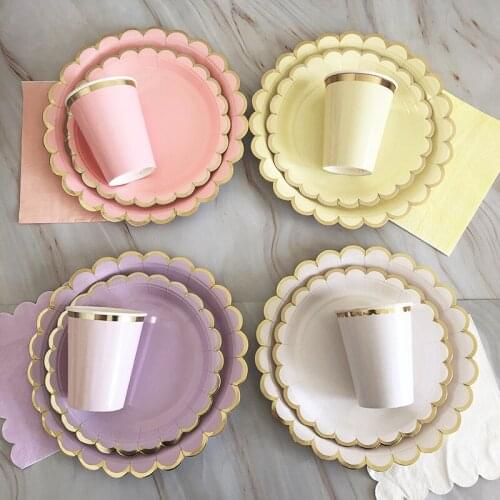 40pcs/lot Gold Disposable Tableware Set Solid Color Party Paper Plates Cups Baby Shower Birthday Supplies Carnival Wedding decor