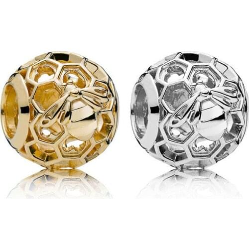 5PCS Wholesale Gold/Silver Plated Honeycomb Big Hole Bead Bee Hollow Charms Fit DIY European Pulseiras Charm Bracelets & Bangles