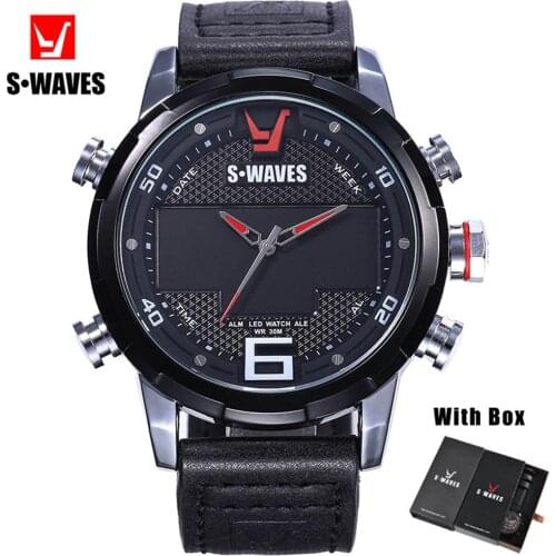 SWAVES Leather Wristwatch Mens Unique Water Resistant Dual Display Montre Homme LED Army Electronic Clock Man Watch With Box