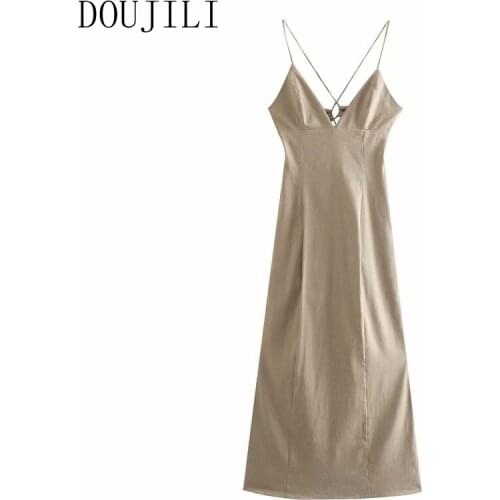 DOUJILI Women Dresses Back Lace Up Long Style Sleeveless Backless 2021 Summer Fashion Sexy Dress For Party