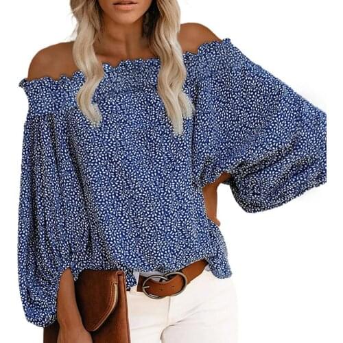 Elegant Women Blouse Long Lantern Sleeve Off Shoulder Floral Print Casual Plus Size Shirts Loose Tops