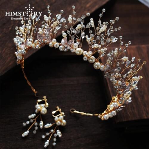HIMSTORY News Gold Rhinestone Crystal Pearl Tiara Crown Vintage Leaf Branch Headpiece Bridal Wedding Dressing Crown Accessory