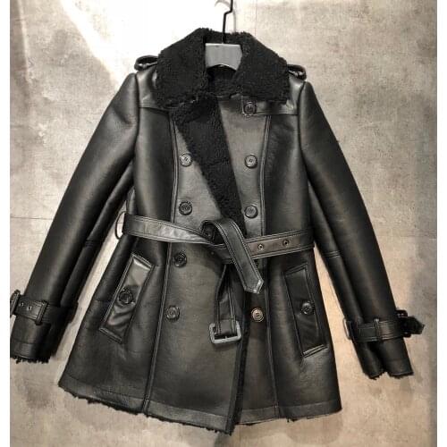 Imported sheepskin double faced fur jacket ladies double breasted short real leather coat Winter Womens Real Fur Coats