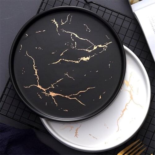 20cm Marble Ceramic Plate Black White Striped Round Steak Dinner Plates Kitchen Utensils Porcelain Creative Dessert Snack Dish