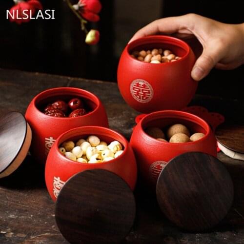 Chinese Red Ceramics Tea Caddy Travel Tea Bag Storage Box Sealed Tea Jar Coffee Canister Kitchen Spice Containers Wedding Gifts