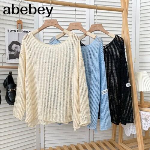 Korean O-neck long sleeve knitted Pullover hollow out Crochet loose leisure solid color Sweater Top 2021 New Spring Autumn