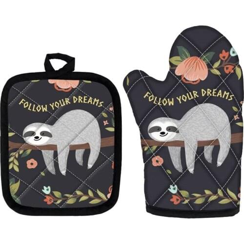 Kawaii Sloth Prints Kitchen Gloves Baking Anti-Hot Gloves Pad 2Pcs/Set Oven Dining BBQ Kitchen Heat Insulation Mat Black