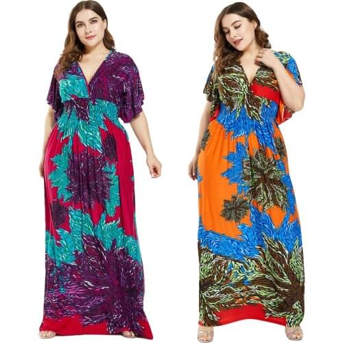 Summer Women Bohemian Maxi Dress Boho Print Long Holiday Beach Sundress Kaftan Plus Size Dubai Abaya Caftan Muslim Gown Vestidos