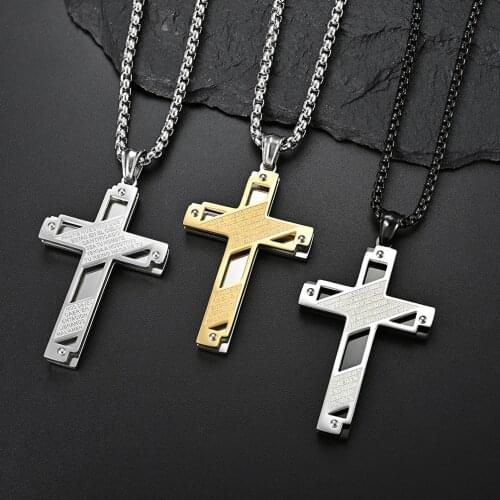 Male Men Cross Pendant Christian Necklace Chain Black Golden Stainless Steel Fashion Jewelry New Arrival 2021
