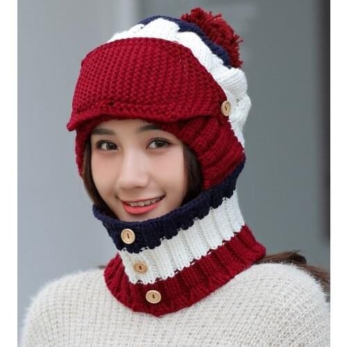 Earmuffs wool hat female winter days cold knit hat plus velvet thick warm mask bib one riding hat