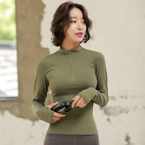 NORMOV Zipper Women Yoga Top Sport Long Sleeve Yoga Shirt With Thumb Holes Solid Quick Dry Breathable Gym Fitness Shirt