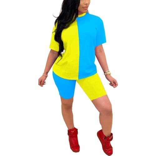 New Hot Women Fashion 2-piece Summer Outfit Set Short Sleeve Color Block Top and Shorts Set Sports Tight Suit
