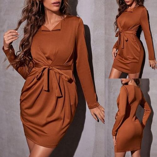 Bodycon Ladies Mini Office Ol Dress Business Long Sleeve Women Shirt Dress Solid Color Belt Brown Sexy A-Line Autumn Dress