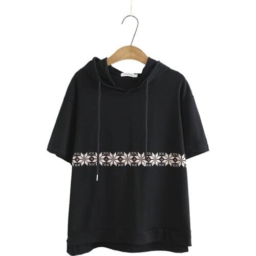 Plus Size) Hooded Summer Top Womens Short Sleeve Drop Shoulder Printed Tshirts Casual A-line Tops