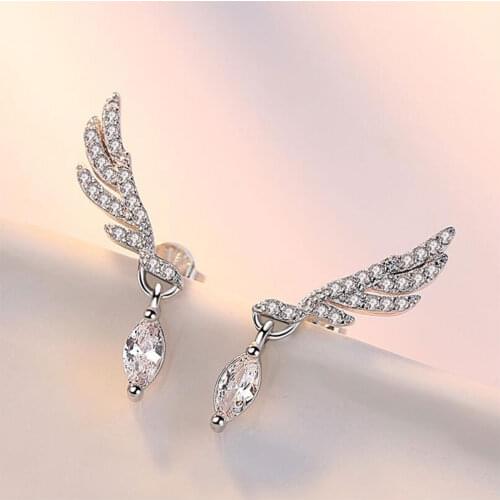 925 Sterling Silver Angle Wings Feather Earrings With Water Drop Zircon For Women Wedding Christmas Jewelry S-E268