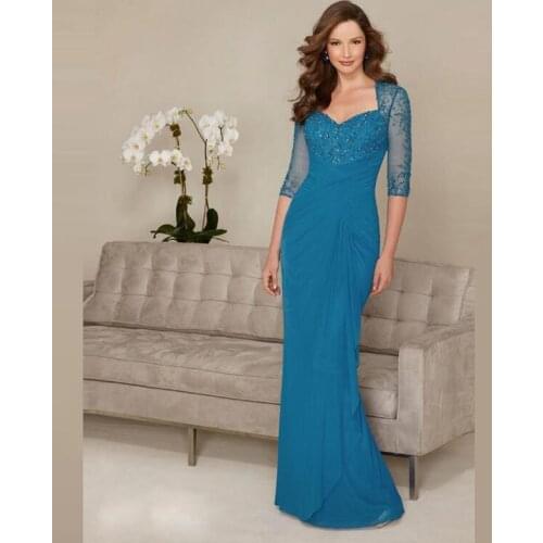 Glamorous Chiffon Blue Beading Bodice Mother of the Bride Dresses Plunge Neckline Wedding Party Gowns With 3/4 Sleeves