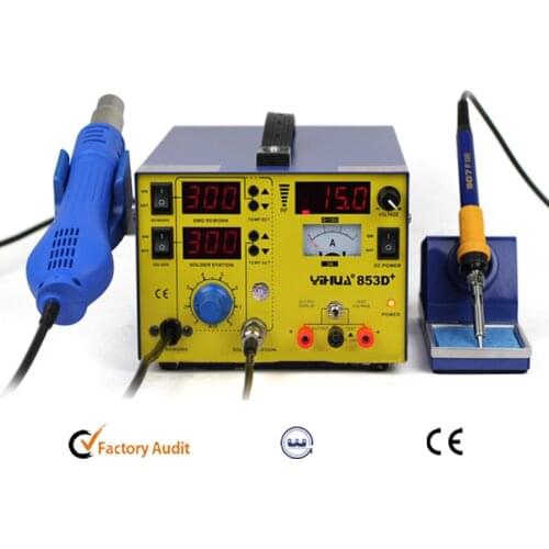 YIHUA 853D+ 3A 3 In 1 Hot Air Solder Rework Station Heat Gun + Soldering Iron + 15V 1 A Regulated Power Supply