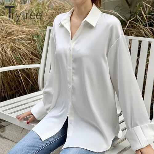 Ttytree 2020 Autumn Winter Woman Casual Blouses Turn-down Collar Full Sleeve Single-breasted Polyester 3 Colour Loose Tops Shirt