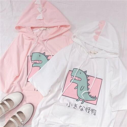 Harajuku Cute Dinosaur Pattern Womens Hooded Short Sleeve T-shirt Tee Kawaii Girl Student Pullover Summer Pink & White Shirts