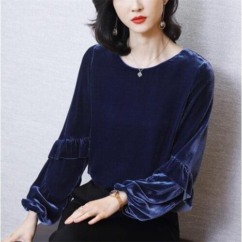 Women Velvet Clothes O-Neck Ruffles Sweet Full Sleeve Tshirt Female Solid Elegant Loose T-shirt Casual Tops Plus Size M-7XL