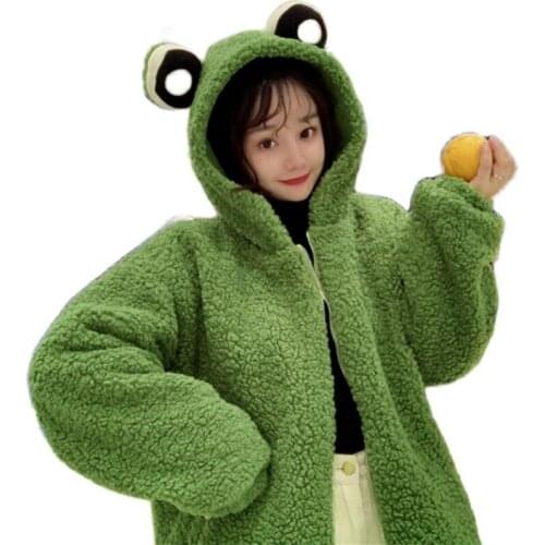 Women Winter Cute Frog Eyes Hoodie Jacket Long Sleeve Faux Wool Oversized Coat Harajuku Fuzzy Plush Warm Zip Up Outwear