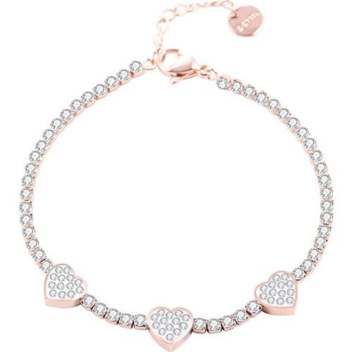 Womens Stainless Steel Heart Charm Bracelet Rhinestone Tennis Chain Gold Silver Color Trend Bracelet on Hand Jewellery 2020